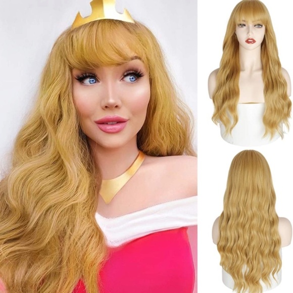 24inch Long Blonde Bang Wavy Wig